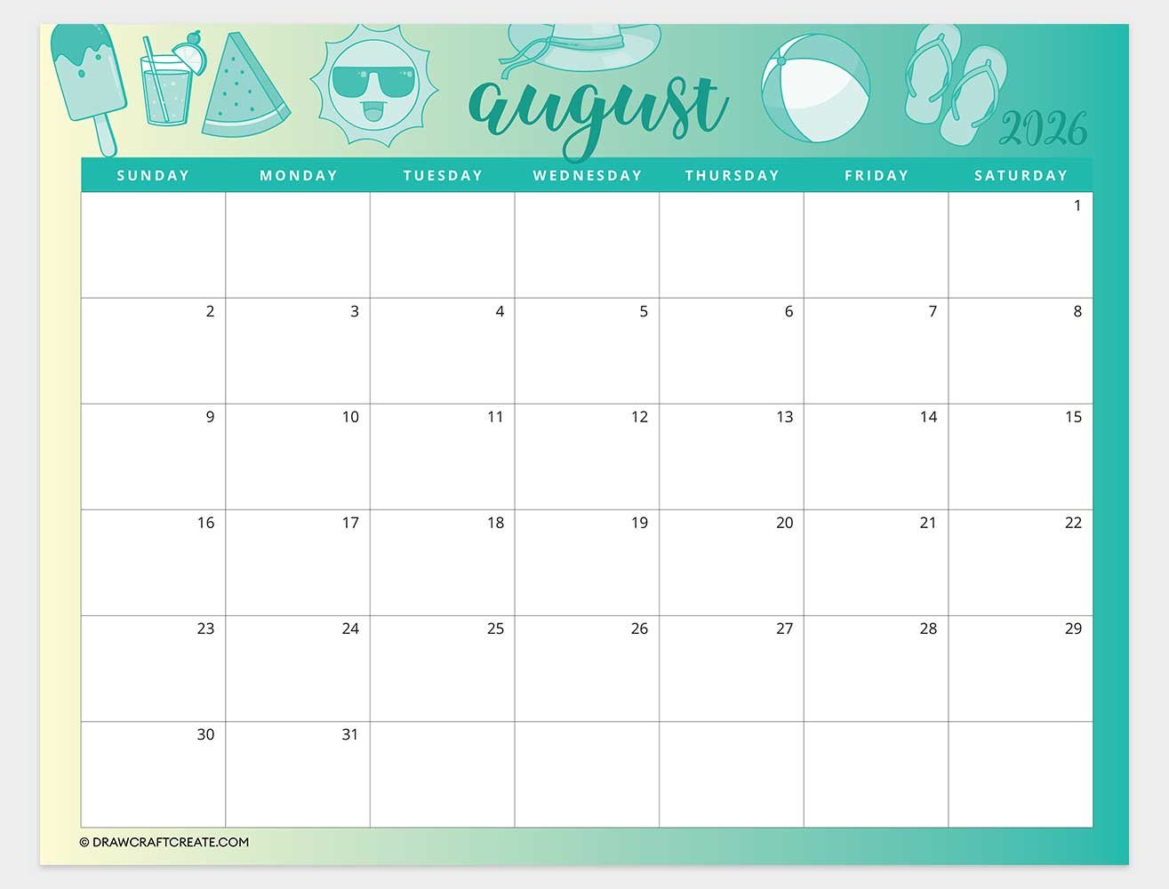 printable august 2026 calendar horizontal