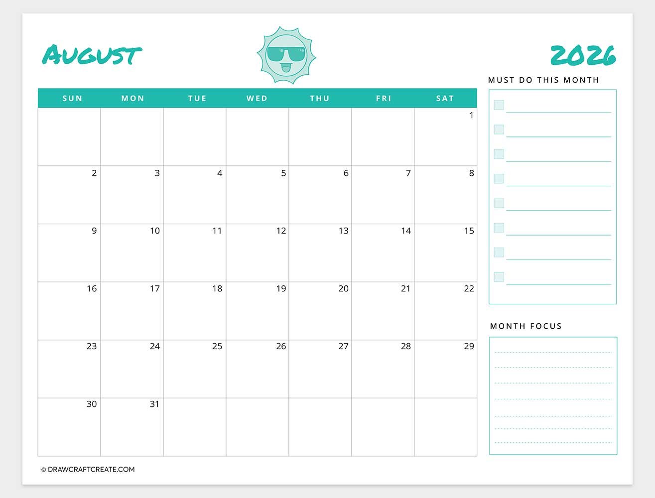 printable august 2026 calendar horizontal
