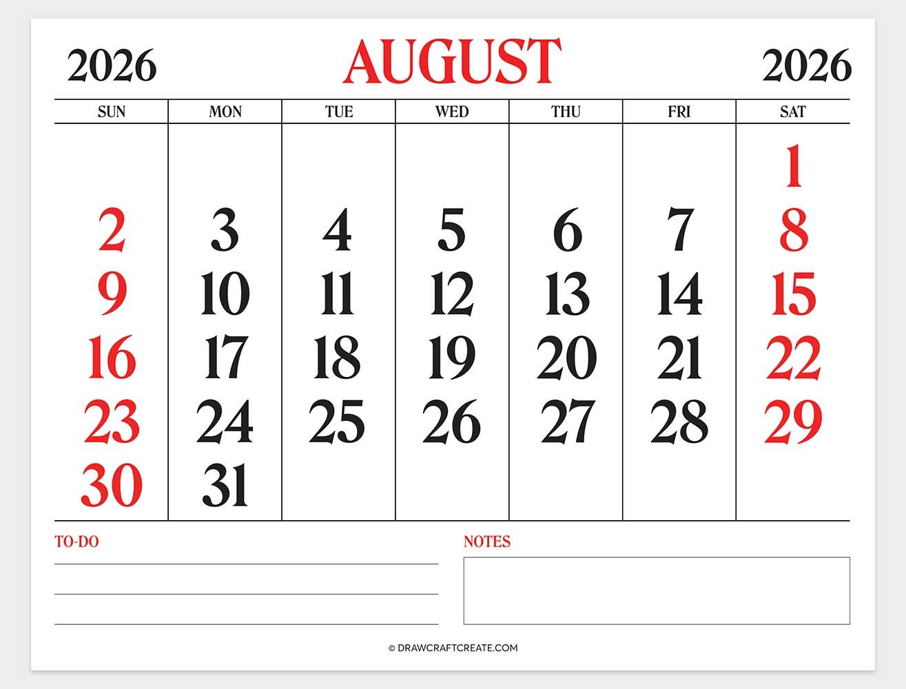 printable august 2026 calendar horizontal