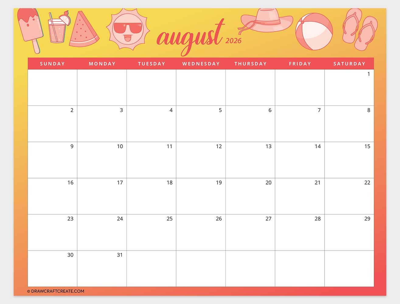 printable august 2026 calendar horizontal