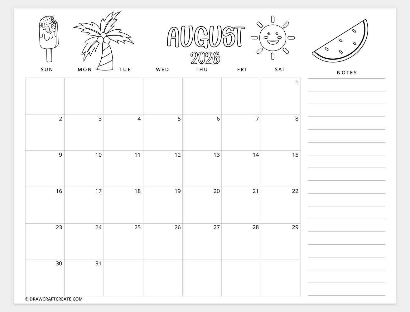 printable august 2026 calendar horizontal
