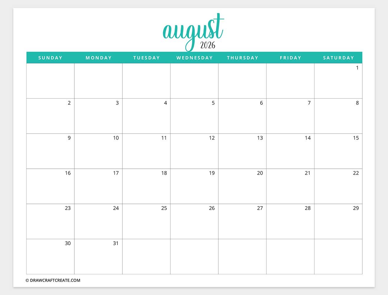 printable august 2026 calendar horizontal