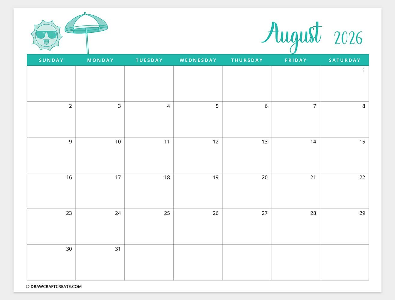 printable august 2026 calendar horizontal