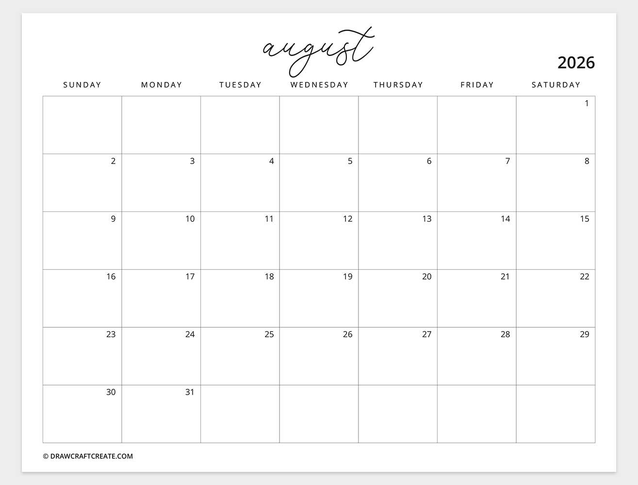 printable august 2026 calendar horizontal