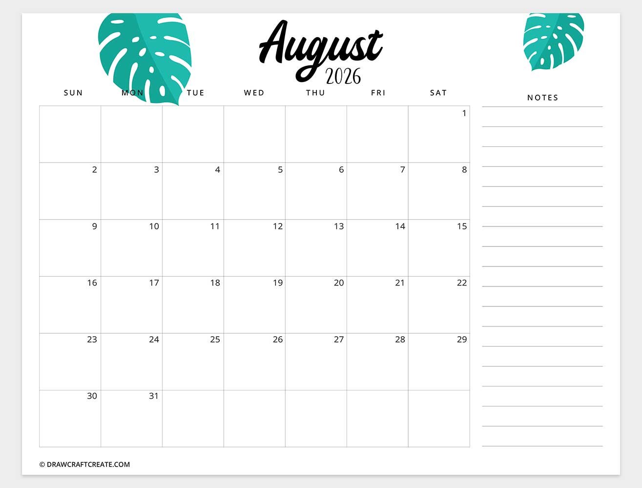 printable august 2026 calendar horizontal