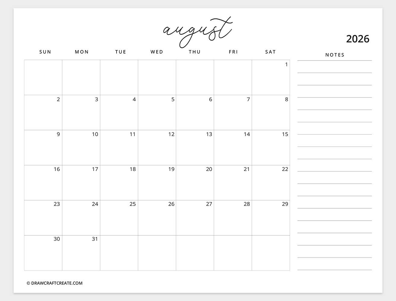 printable august 2026 calendar horizontal