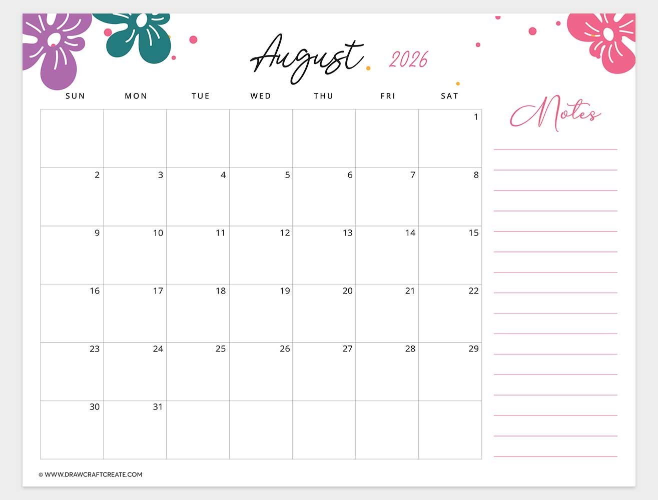 printable august 2026 calendar horizontal