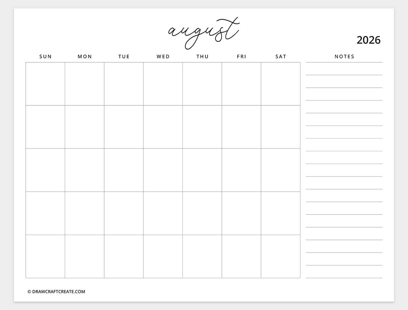 printable august 2026 calendar horizontal