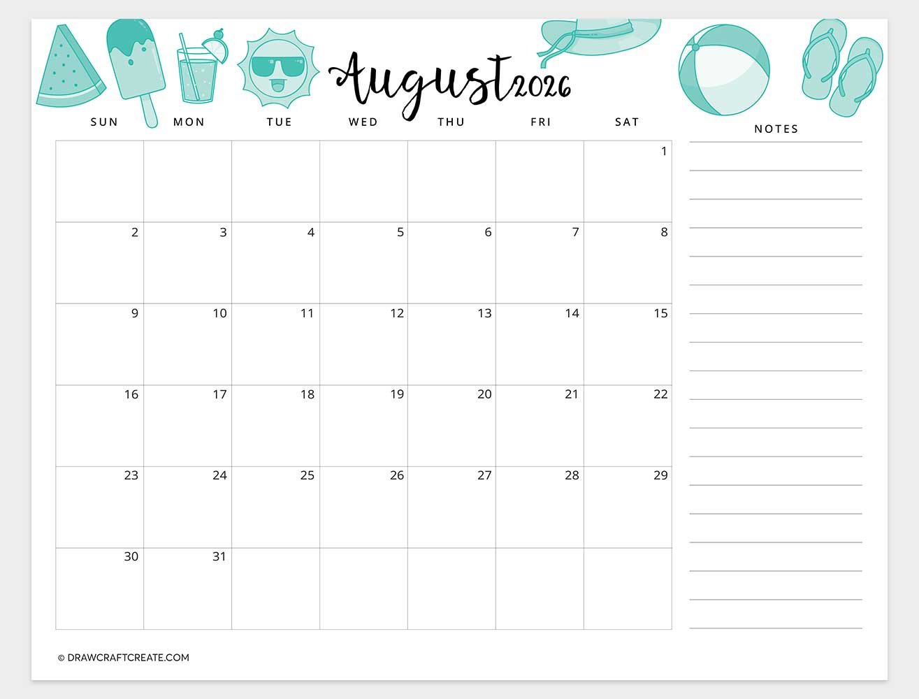 printable august 2026 calendar horizontal
