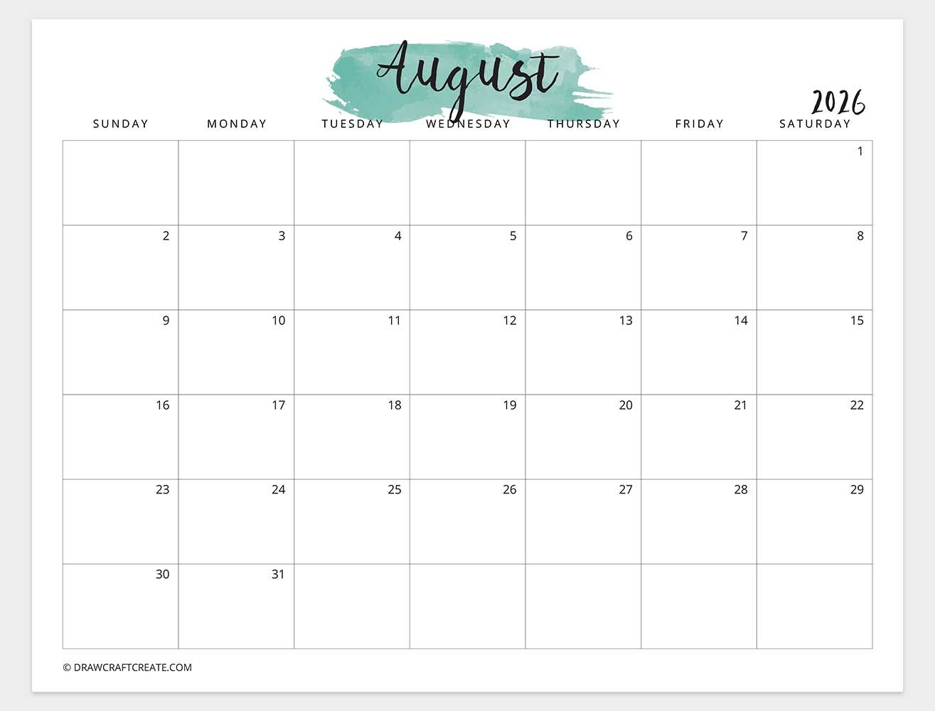 printable august 2026 calendar horizontal