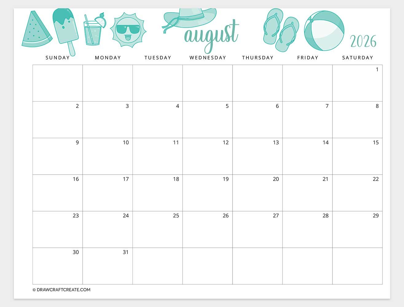 printable august 2026 calendar horizontal