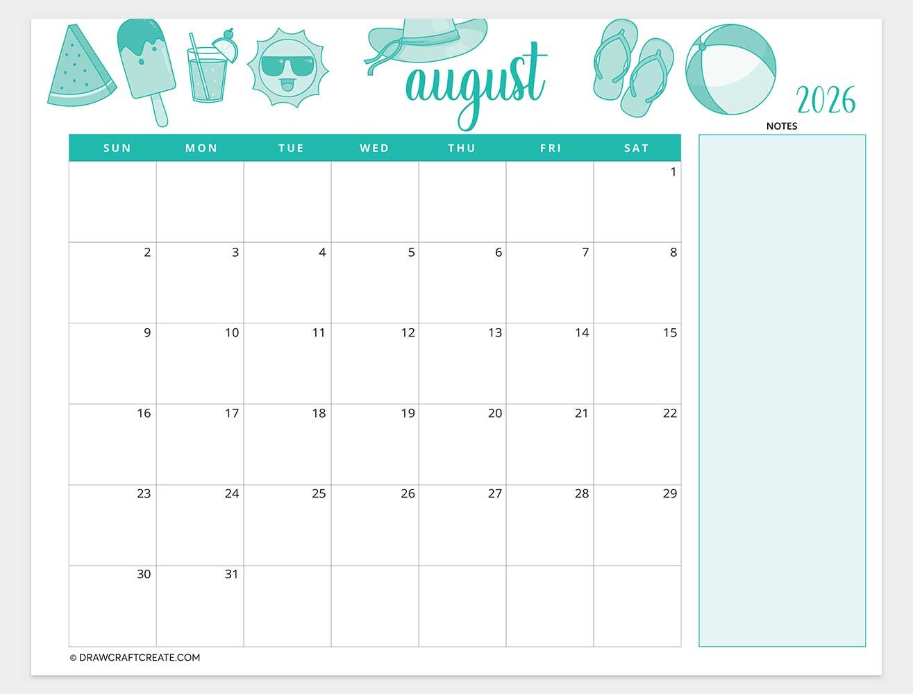 printable august 2026 calendar horizontal