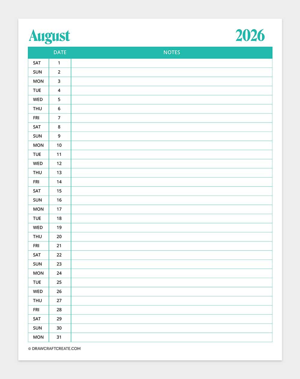 printable august 2026 calendar vertical