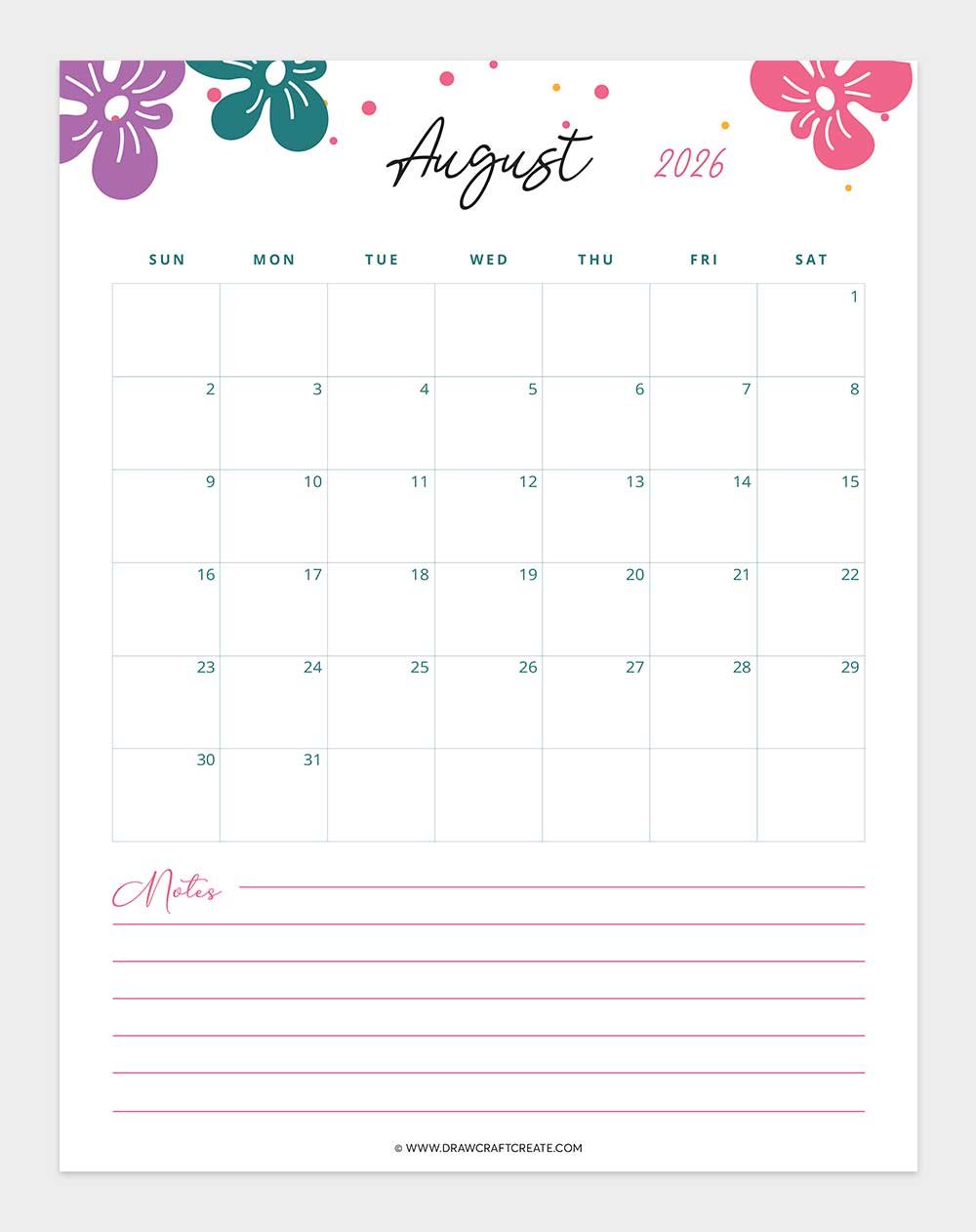 printable august 2026 calendar vertical
