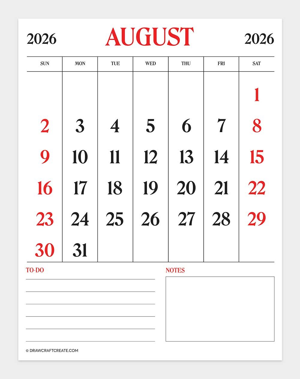 printable august 2026 calendar vertical