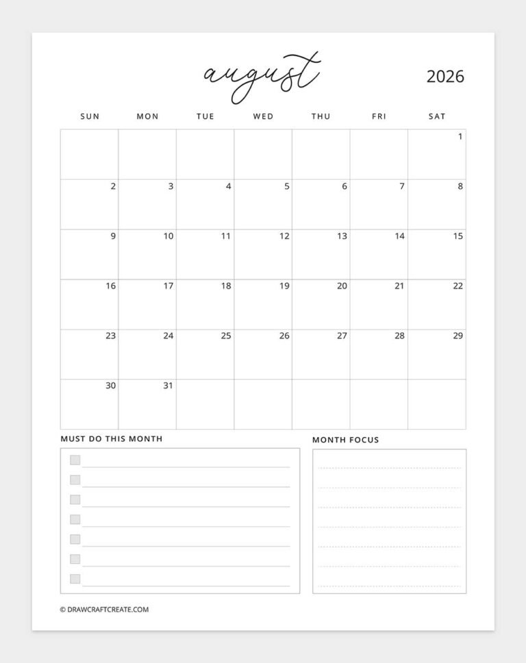 Free Printable August 2026 Calendars (43 Design) - Draw Craft Create
