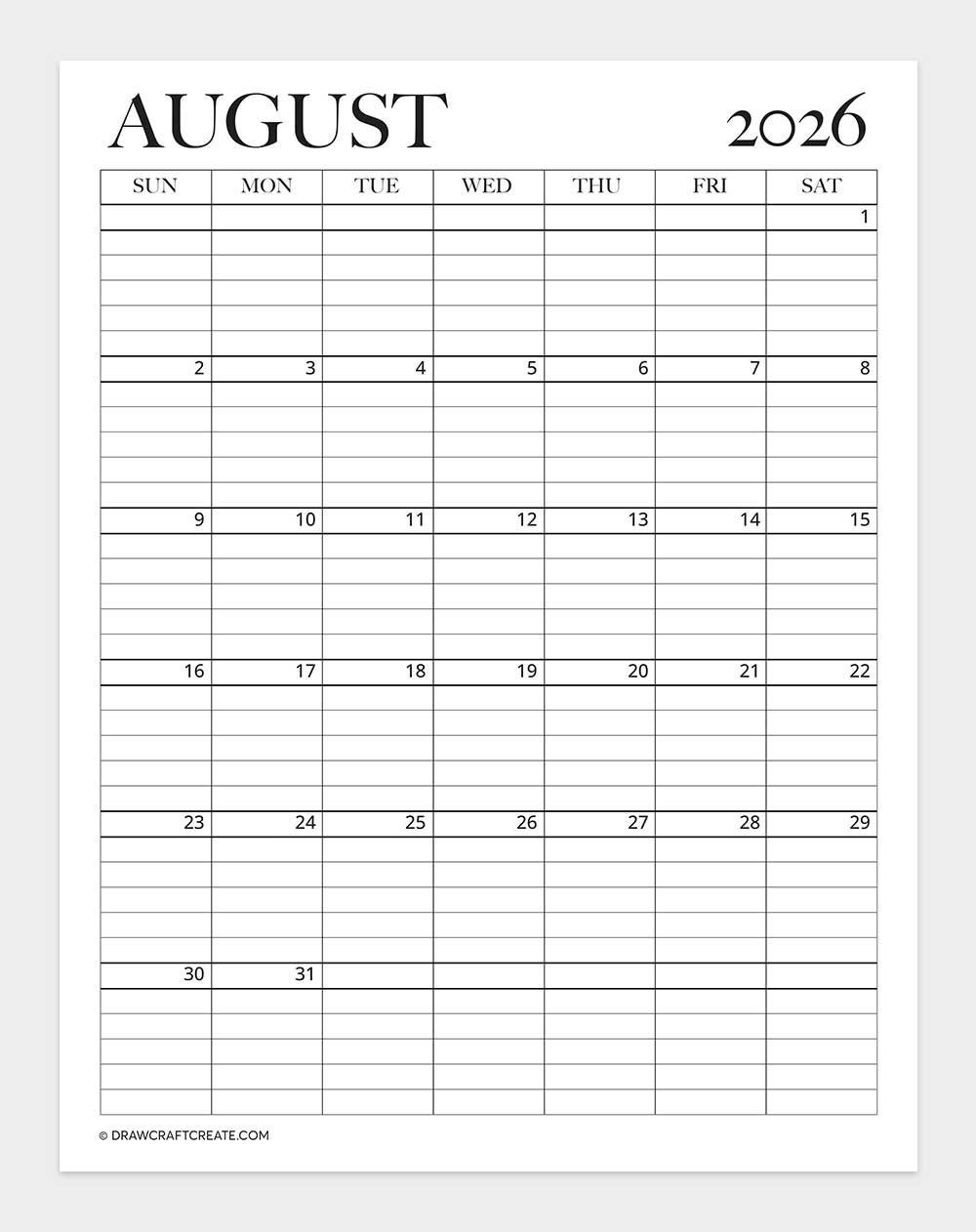 printable august 2026 calendar vertical