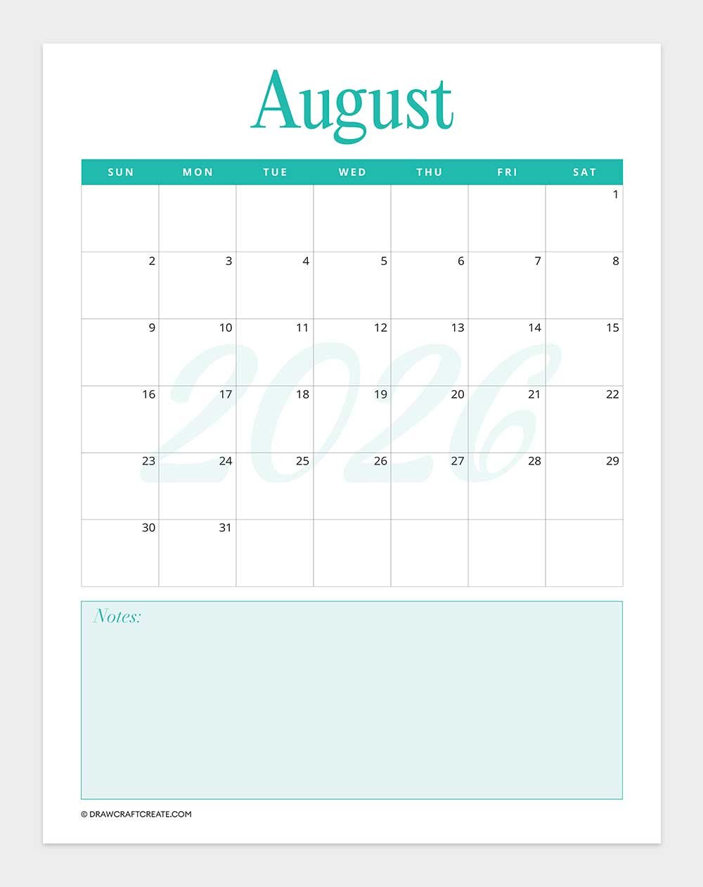 printable august 2026 calendar vertical