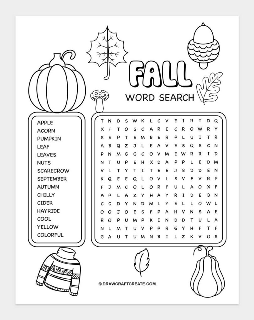 Free Printable Fall Word Search - Draw Craft Create