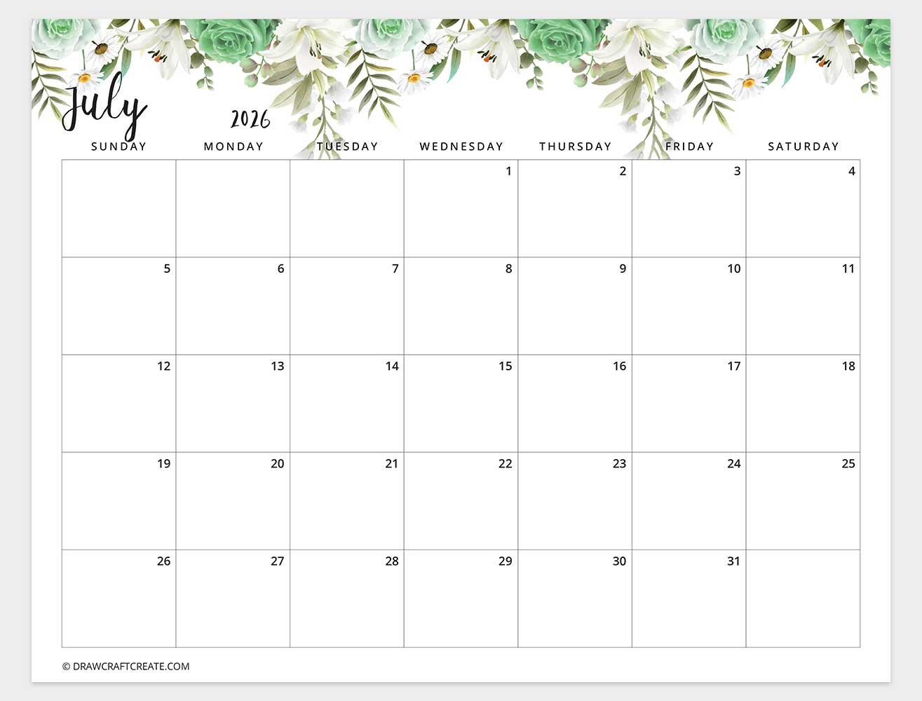 printable july 2026 calendar horizontal