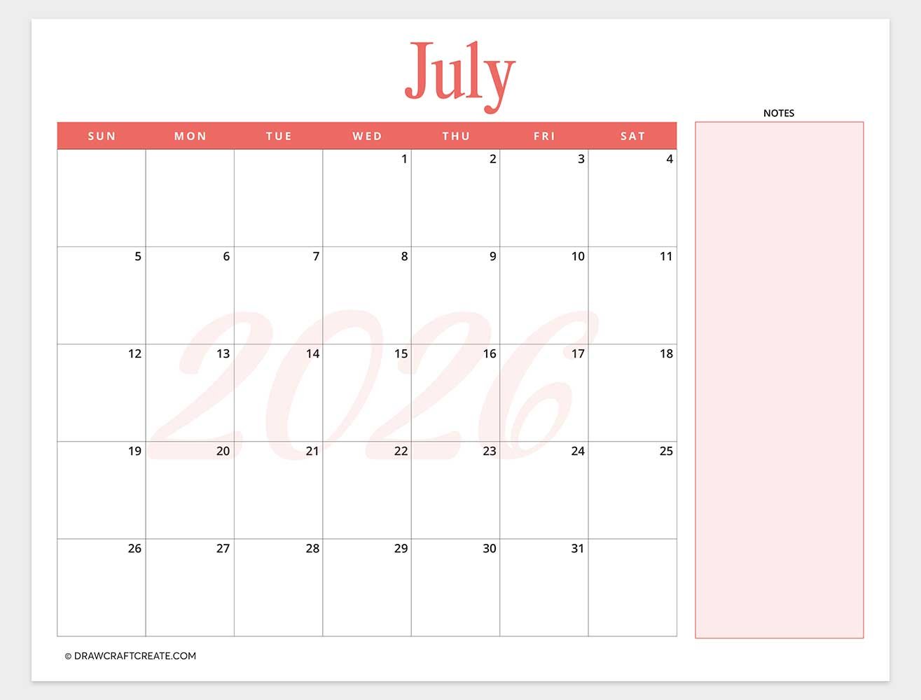 printable july 2026 calendar horizontal
