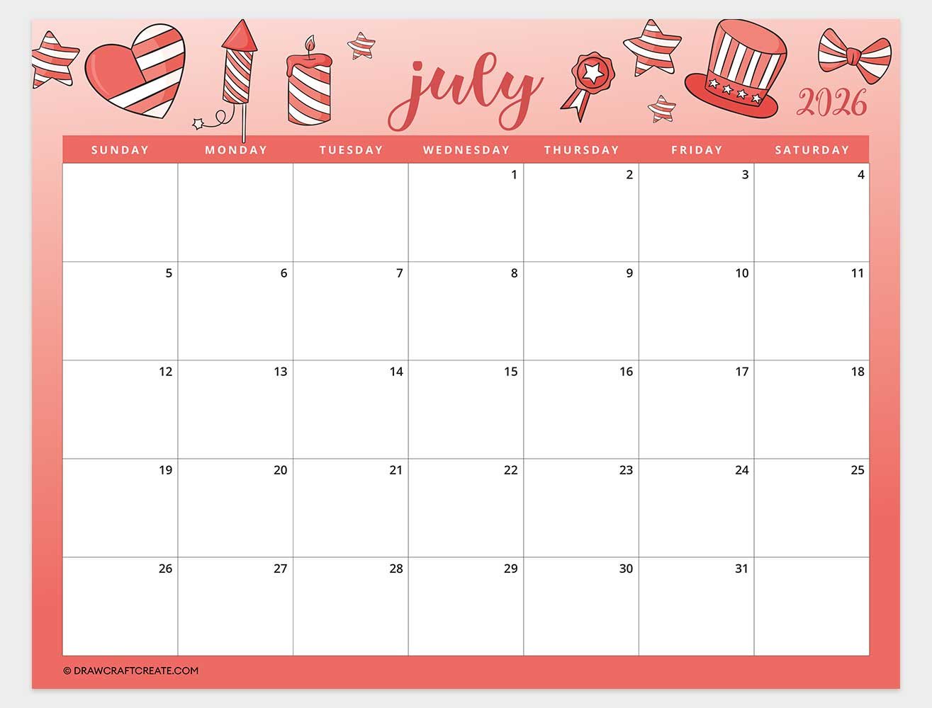 printable july 2026 calendar horizontal