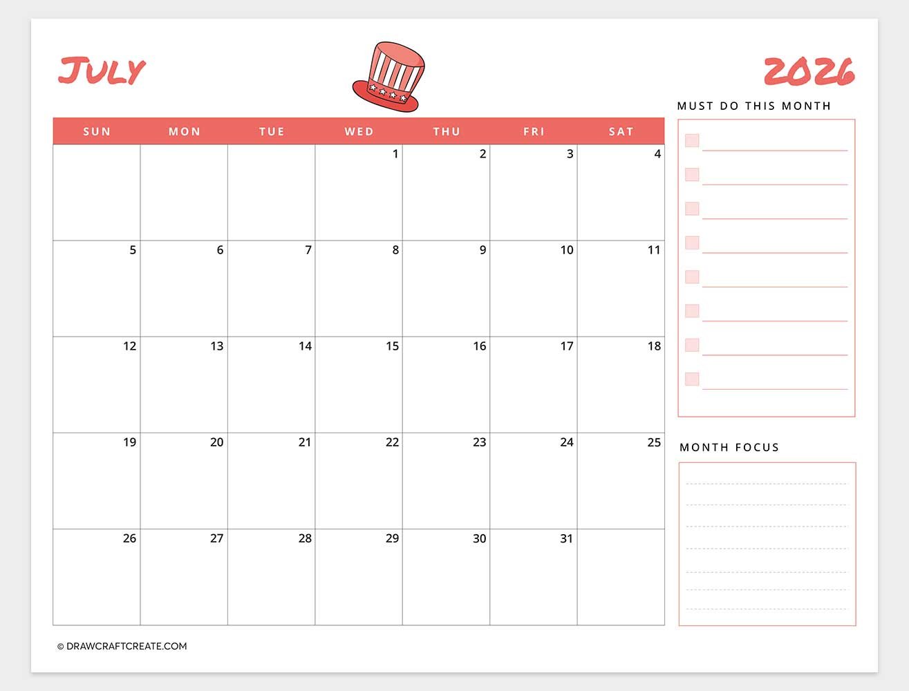 printable july 2026 calendar horizontal