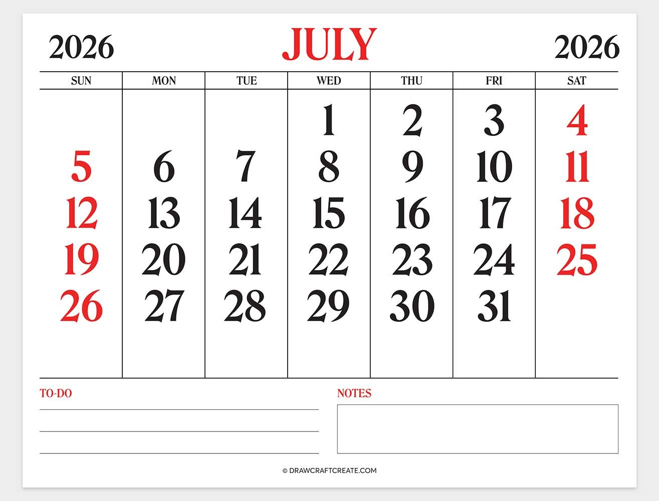 printable july 2026 calendar horizontal