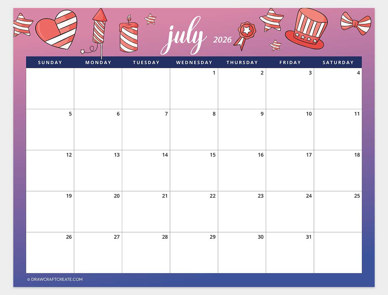printable july 2026 calendar horizontal