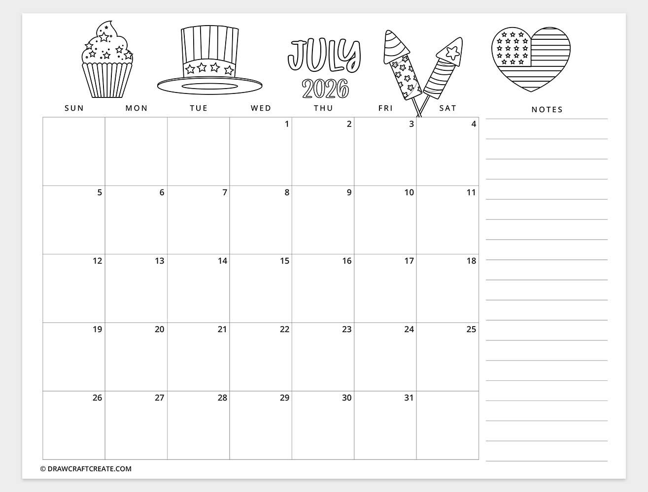 printable july 2026 calendar horizontal