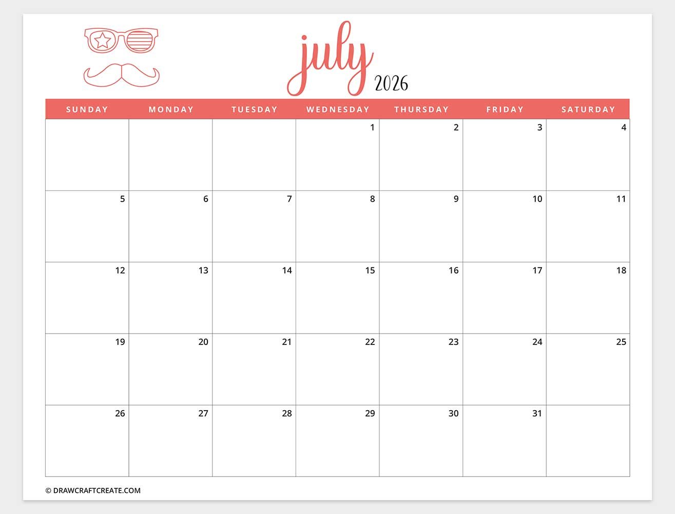 printable july 2026 calendar horizontal