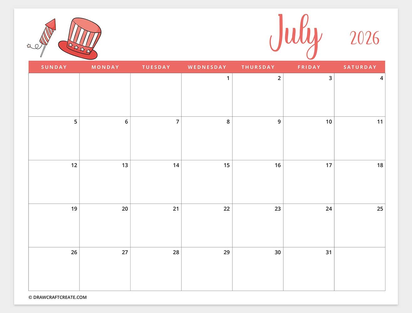 printable july 2026 calendar horizontal