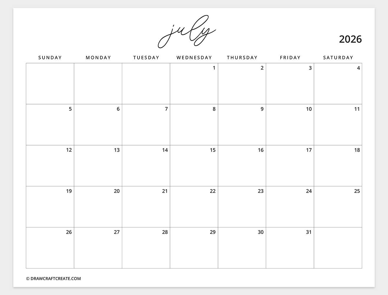 printable july 2026 calendar horizontal
