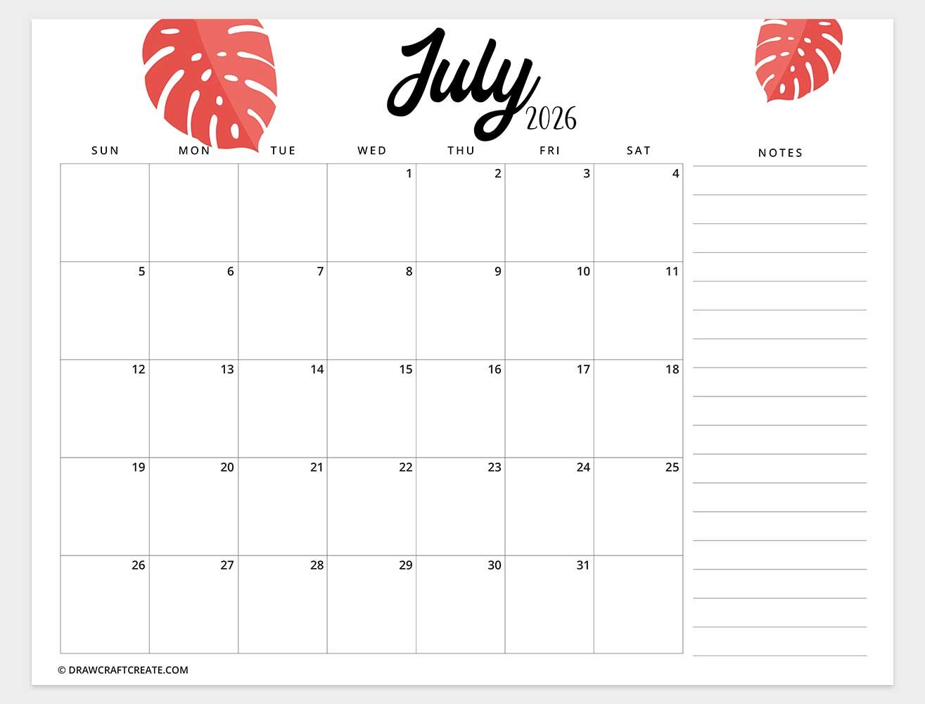 printable july 2026 calendar horizontal