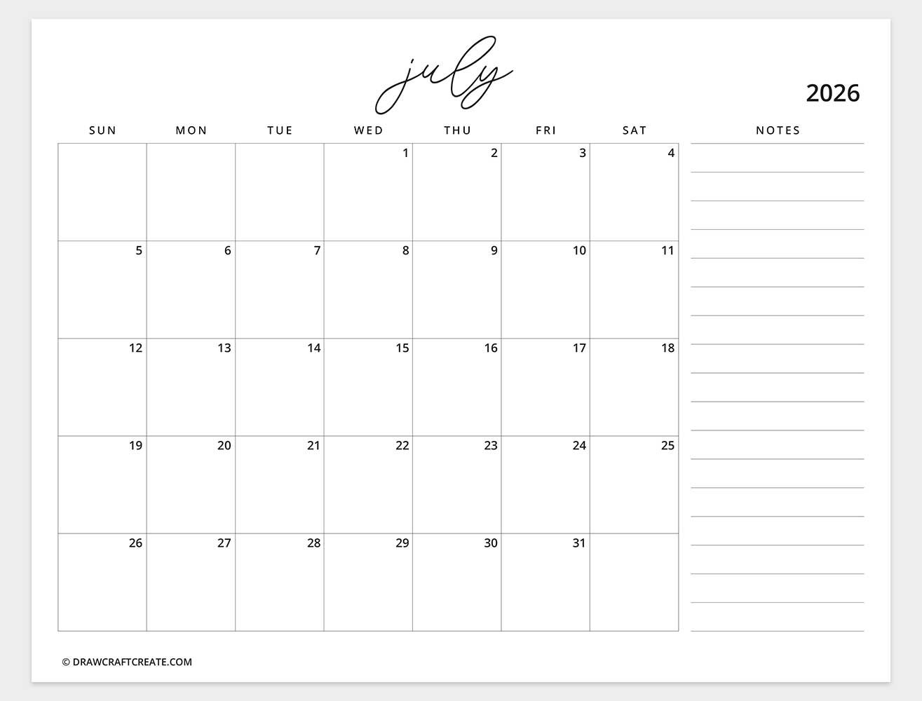 printable july 2026 calendar horizontal
