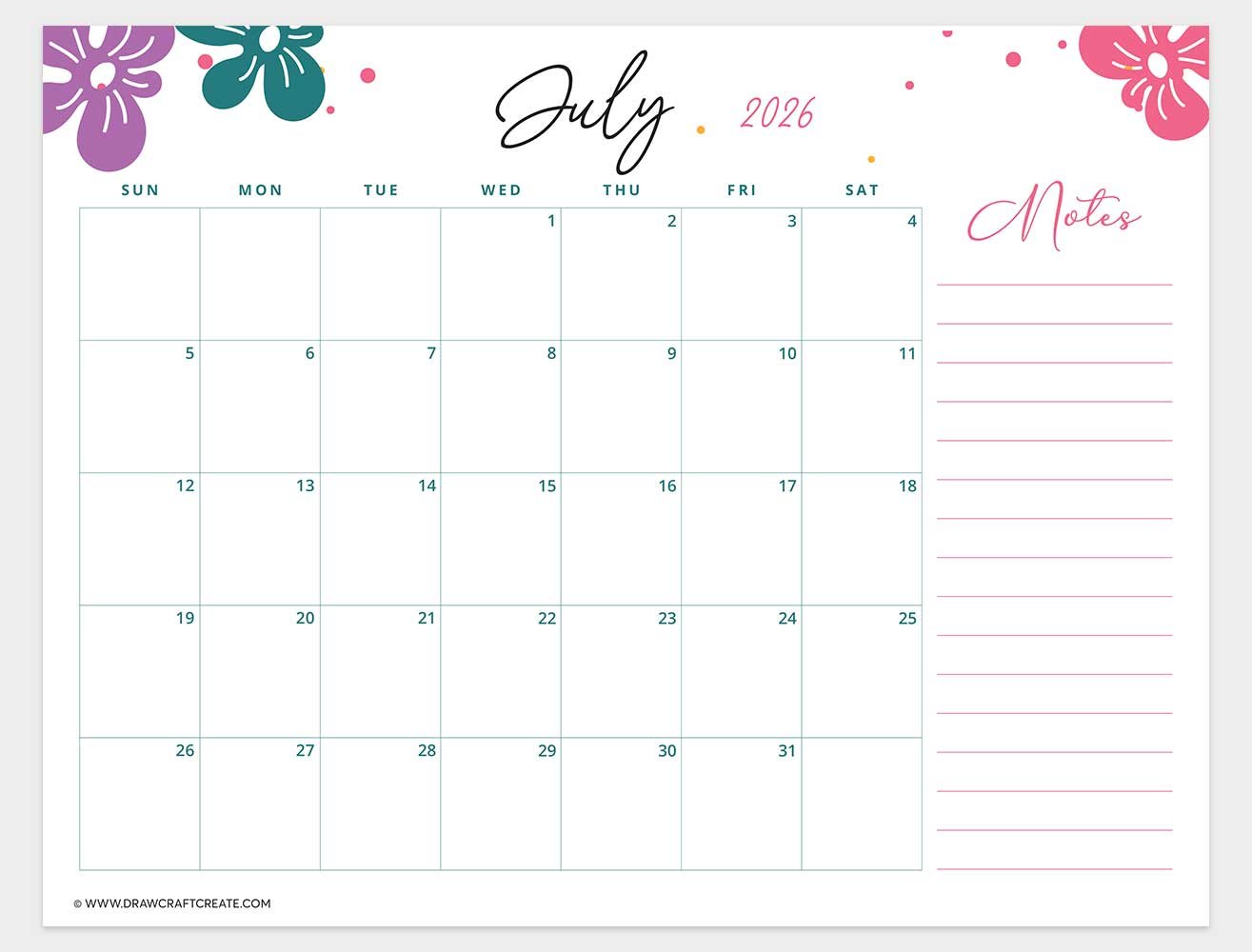 printable july 2026 calendar horizontal