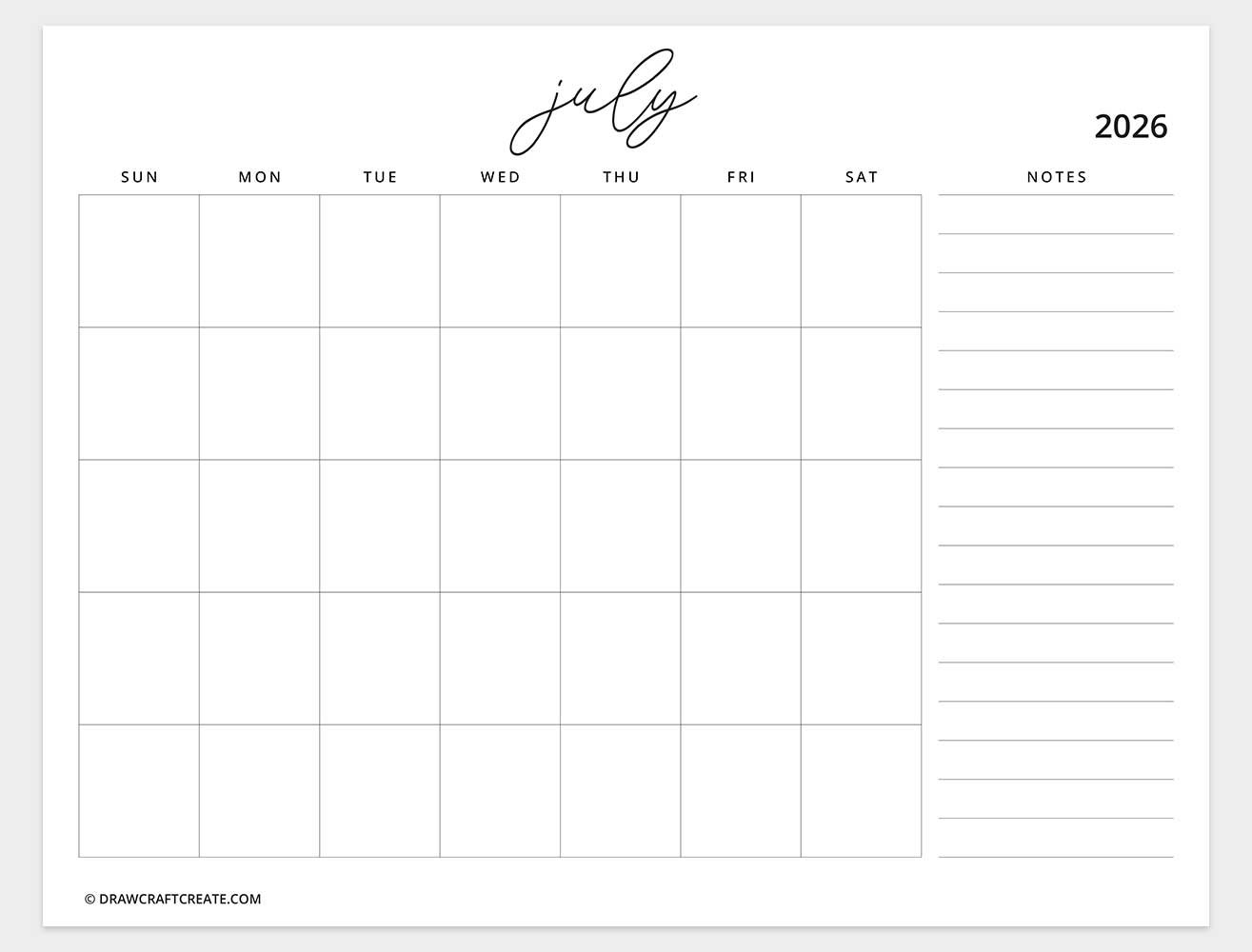 printable july 2026 calendar horizontal