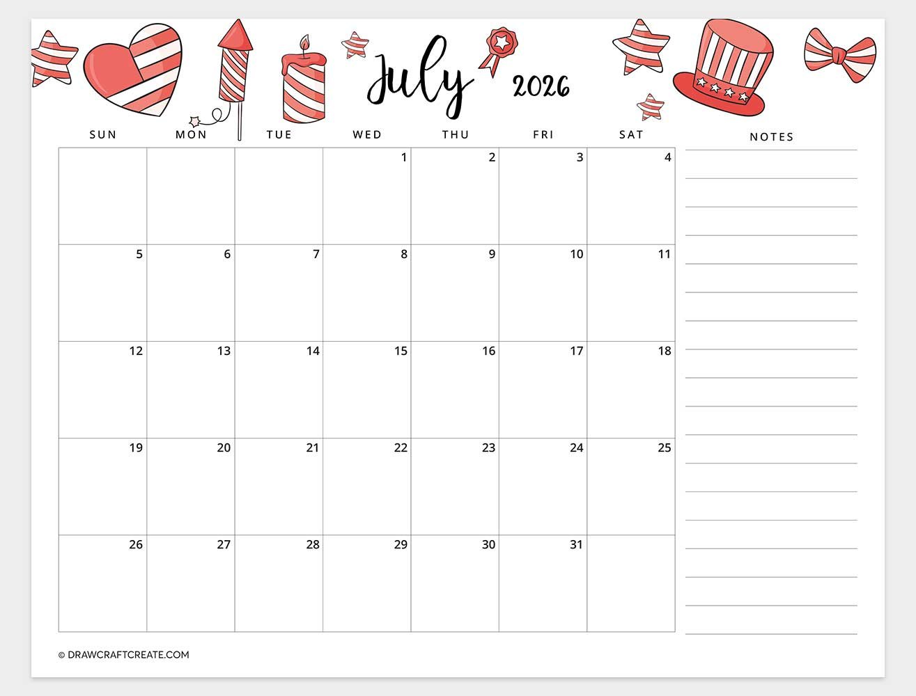 printable july 2026 calendar horizontal