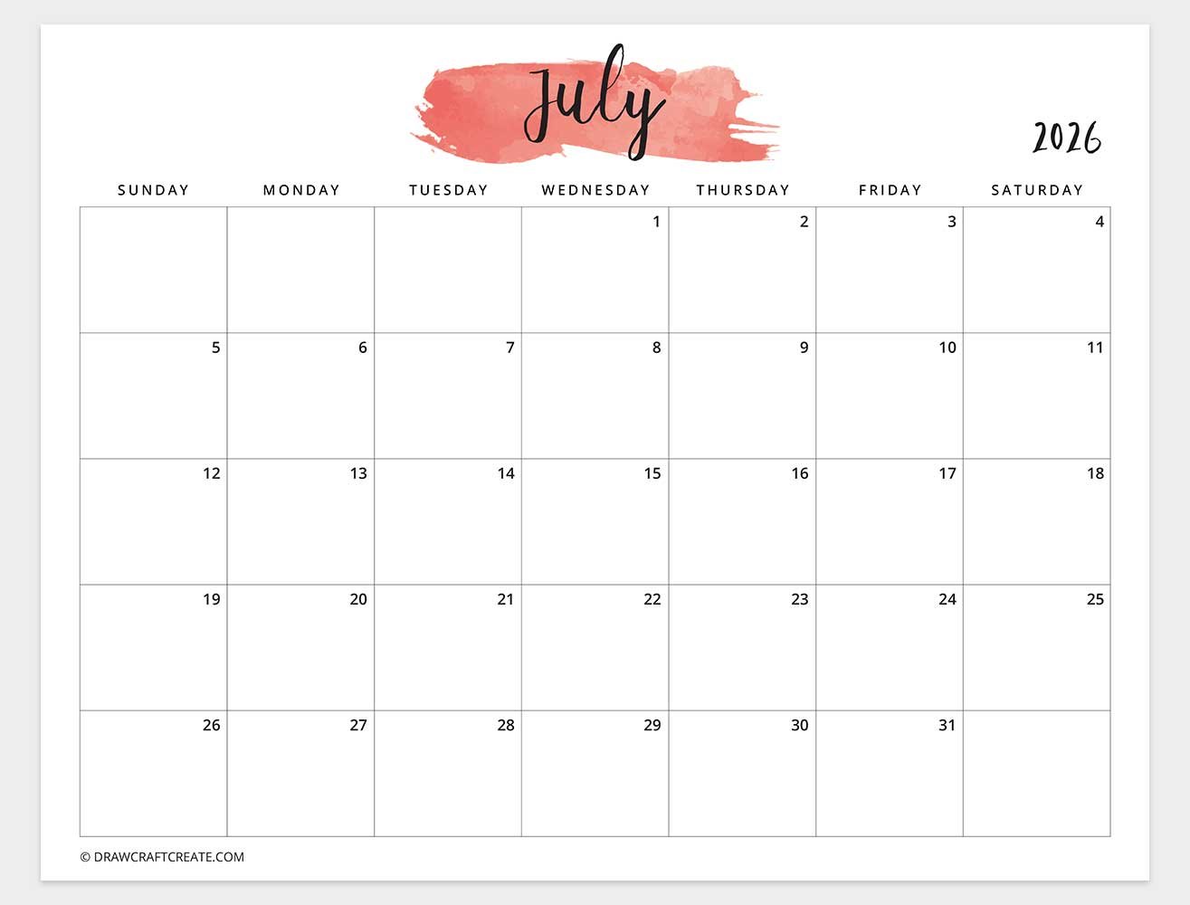 printable july 2026 calendar horizontal