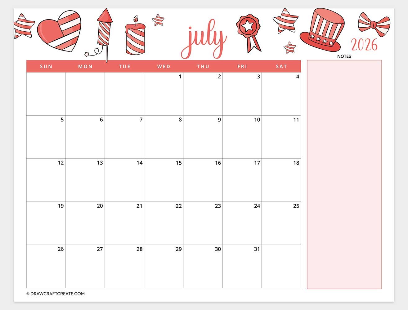 printable july 2026 calendar horizontal