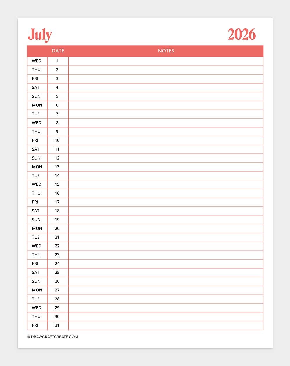 printable july 2026 calendar vertical