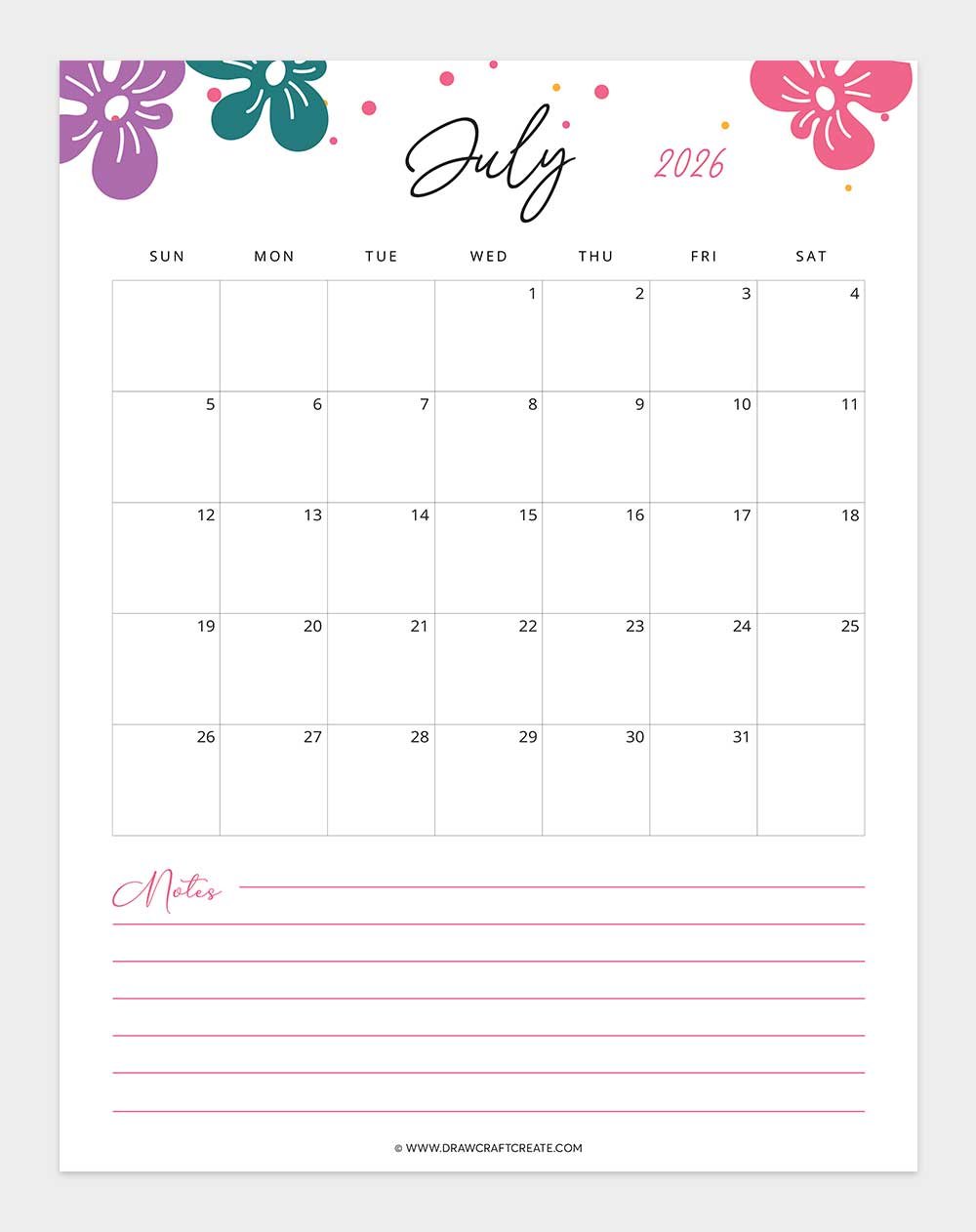 printable july 2026 calendar vertical