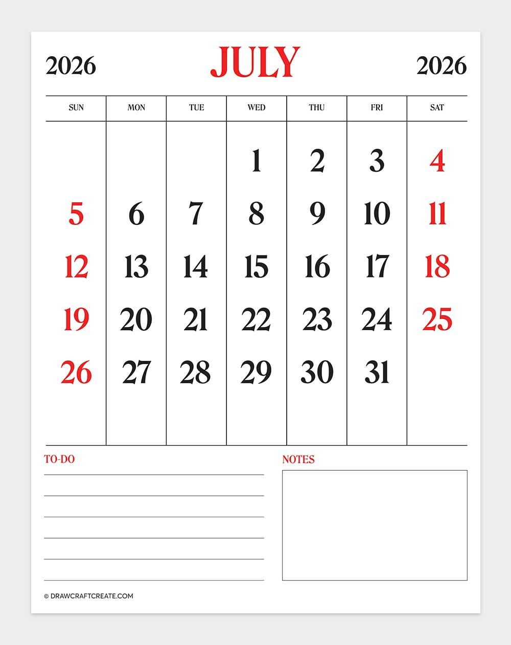 printable july 2026 calendar vertical