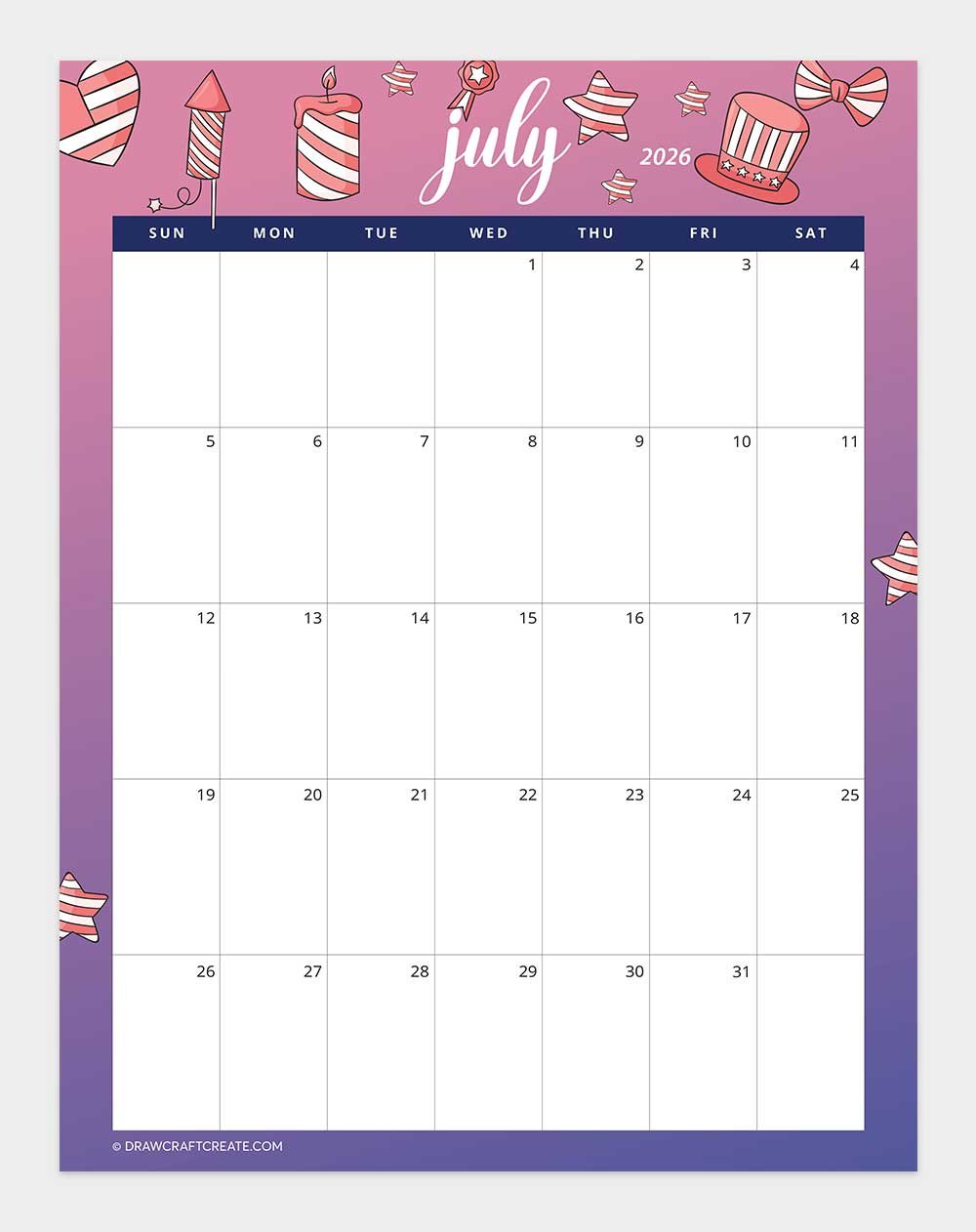 printable july 2026 calendar vertical