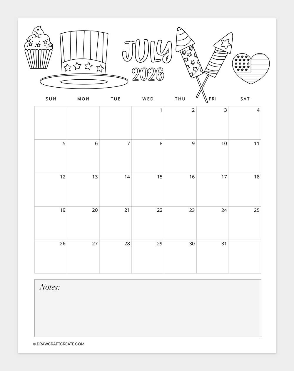 printable july 2026 calendar vertical