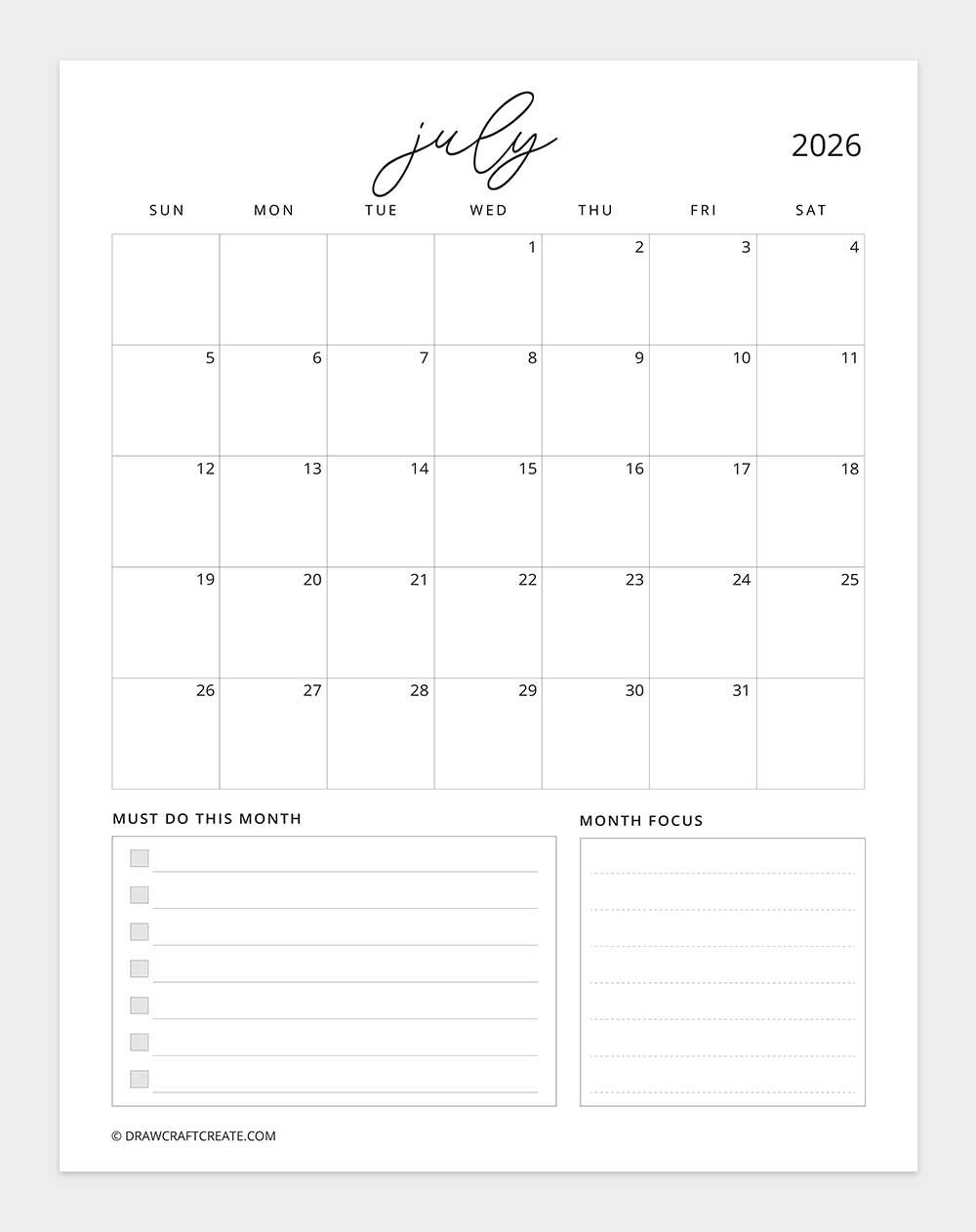 printable july 2026 calendar vertical