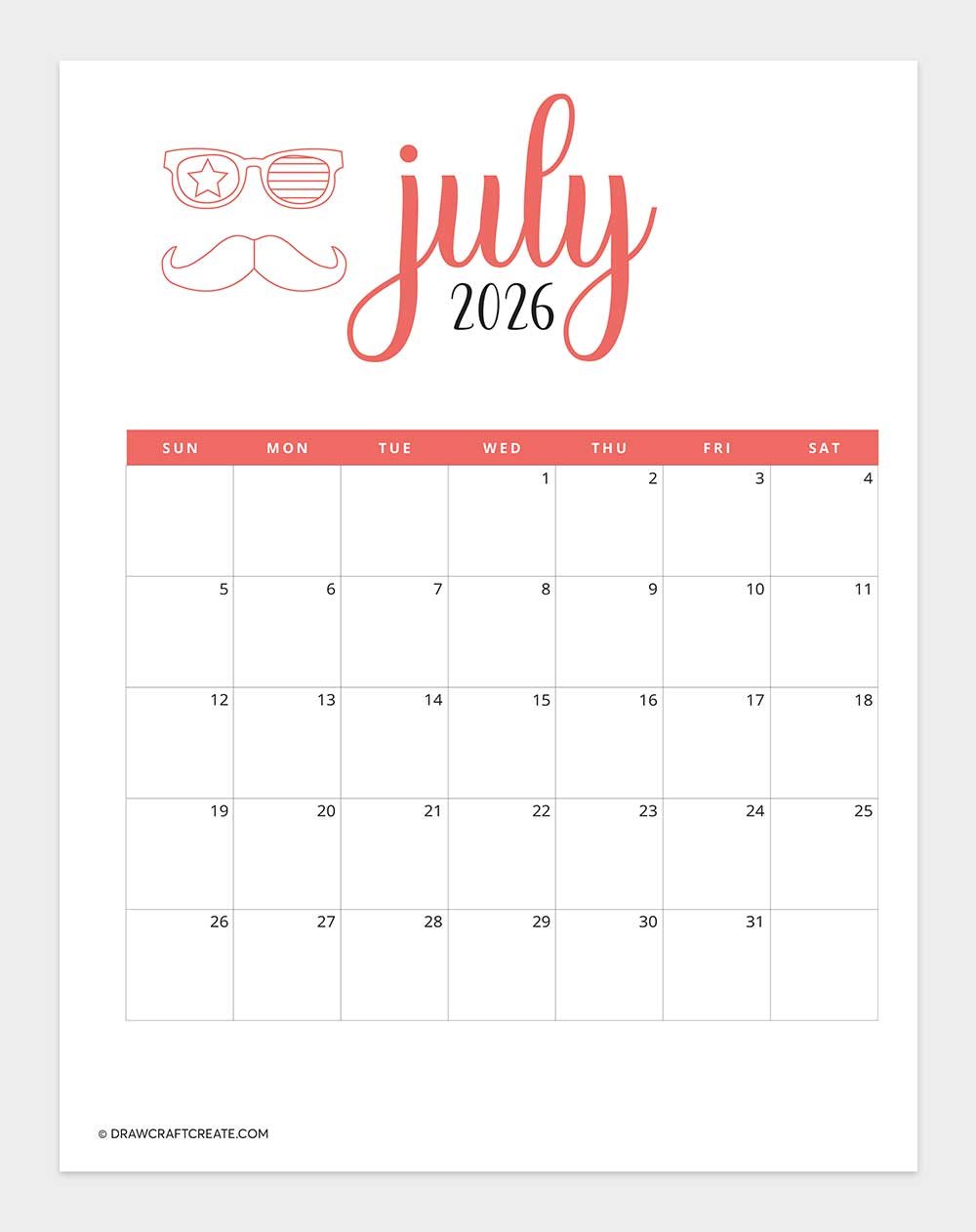 printable july 2026 calendar vertical