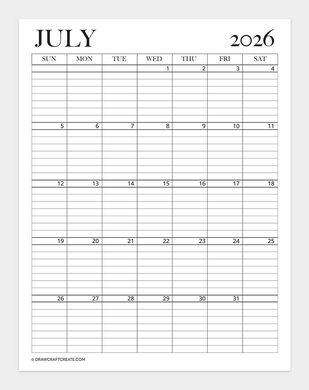 printable july 2026 calendar vertical