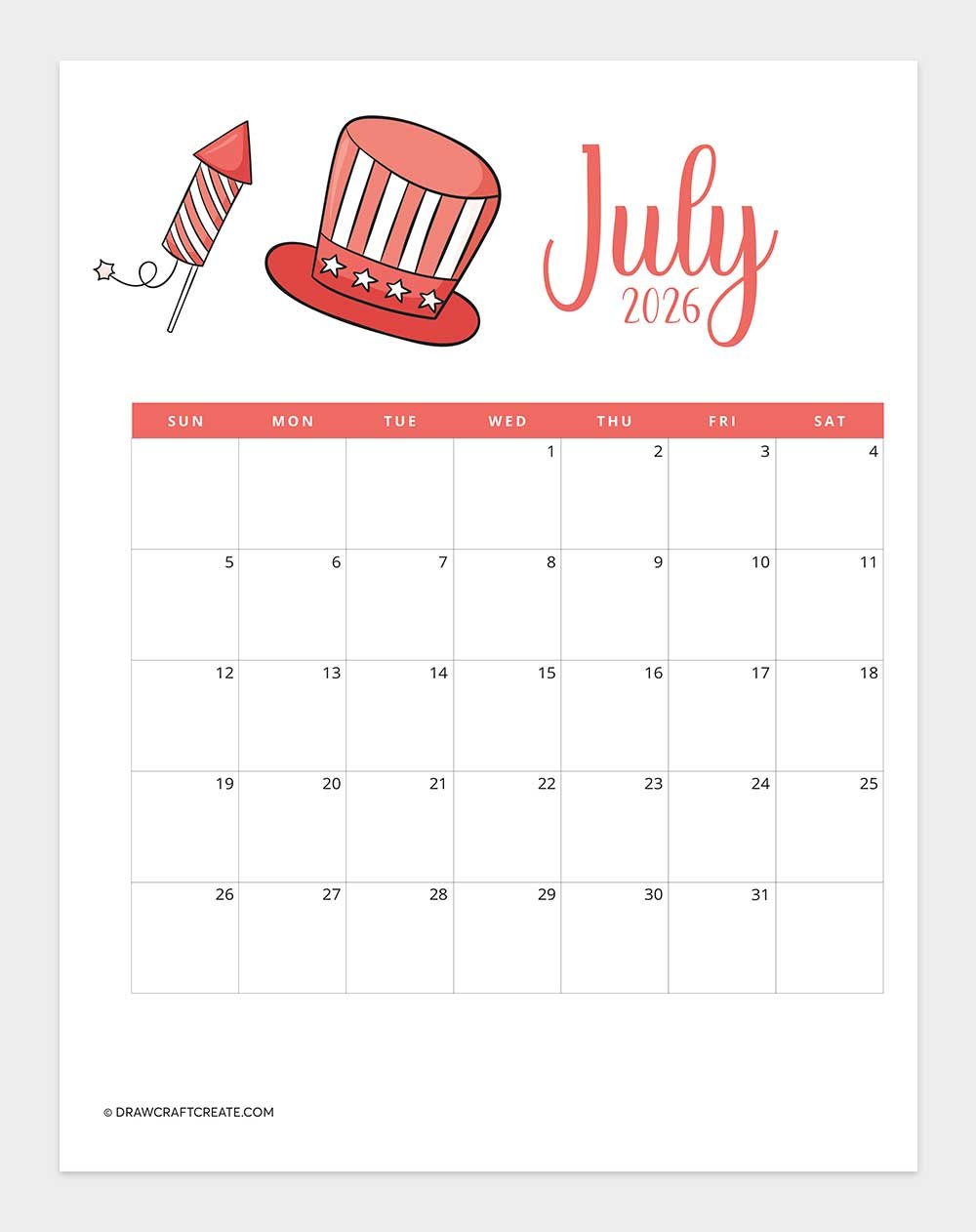 printable july 2026 calendar vertical