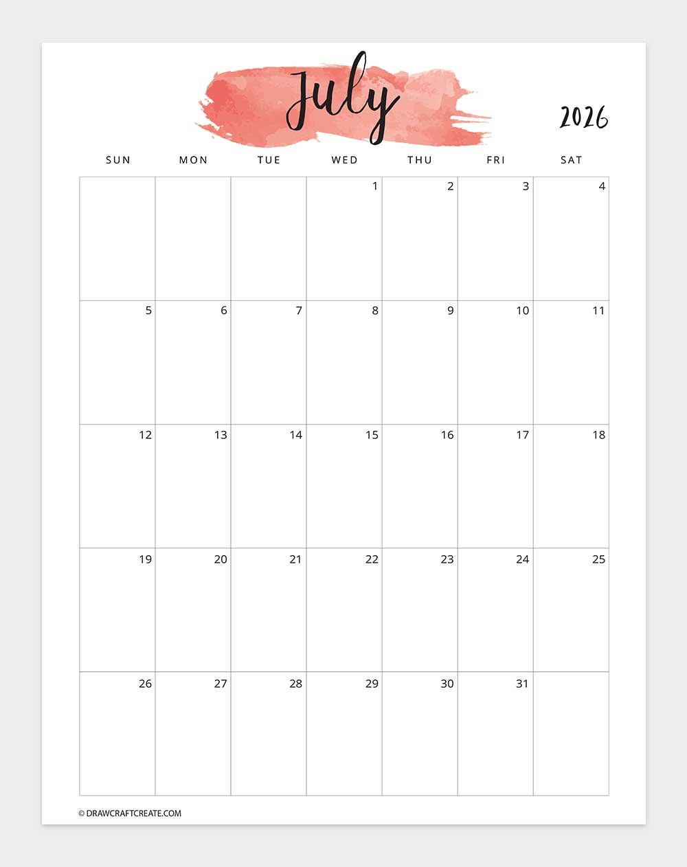 printable july 2026 calendar vertical